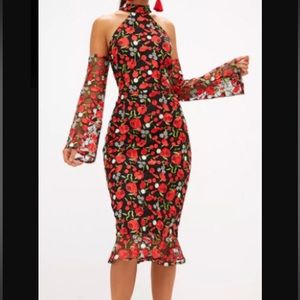 Multicolor Mesh Red Rose Floral Embroidery Dress